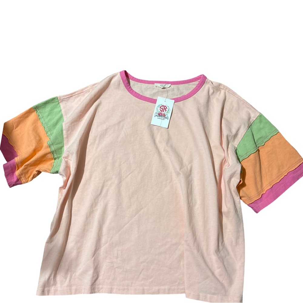 Colorful woman’s tShirt with Pink, Orange, and Green Accents size L
